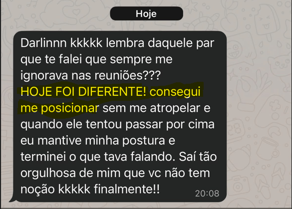 Print de depoimento: profissional reconhecido pela liderança após se posicionar com o Roteiro