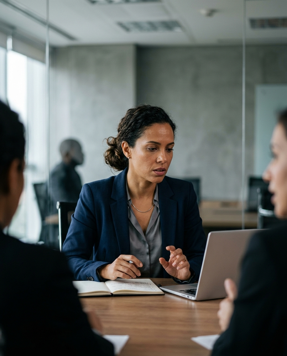 Profissional refletindo sobre as dificuldades de se posicionar em reuniões