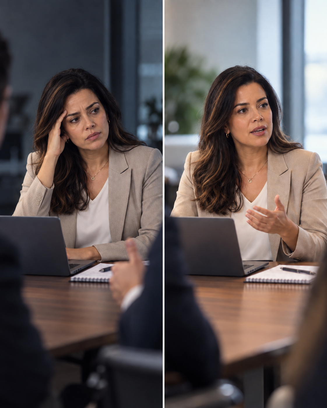 Antes: profissional insegura na reunião. Depois: a mesma profissional falando com segurança.