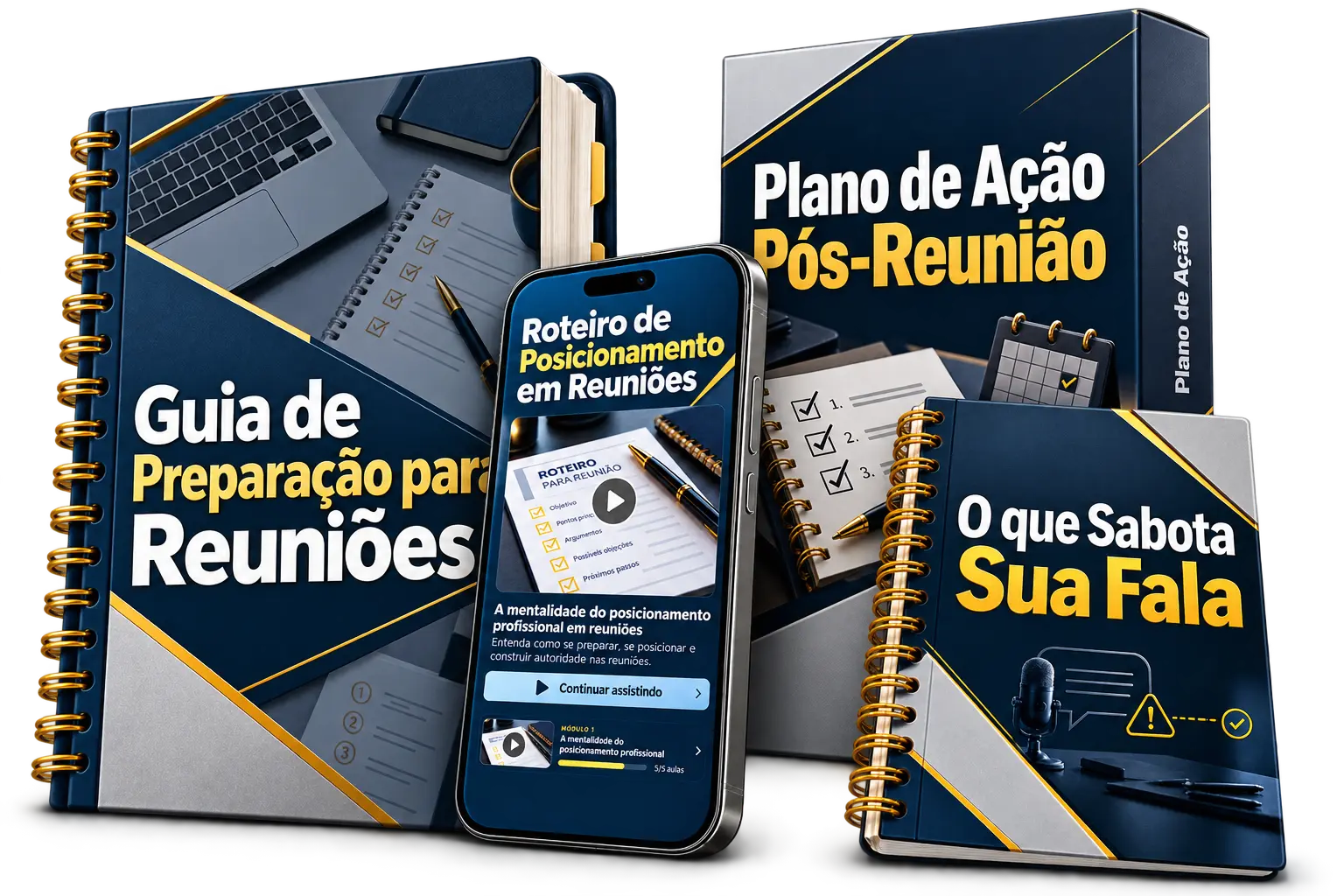Mockup do Roteiro do Posicionamento em Reuniões em celular e e-book